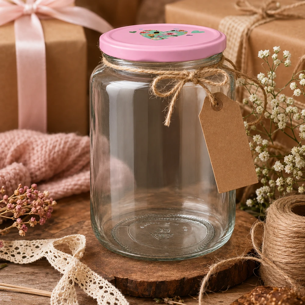 Dekoratives Rundglas 795ml mit rosa Herzdeckel als Geschenkidee rustikale Präsentation mit Anhänger und Juteschnur