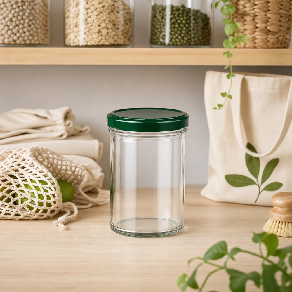 350ml Sturzglas UNiTWIST mit grünem Deckel in nachhaltiger Zero-Waste Küche mit Öko-Produkten und Pflanzen