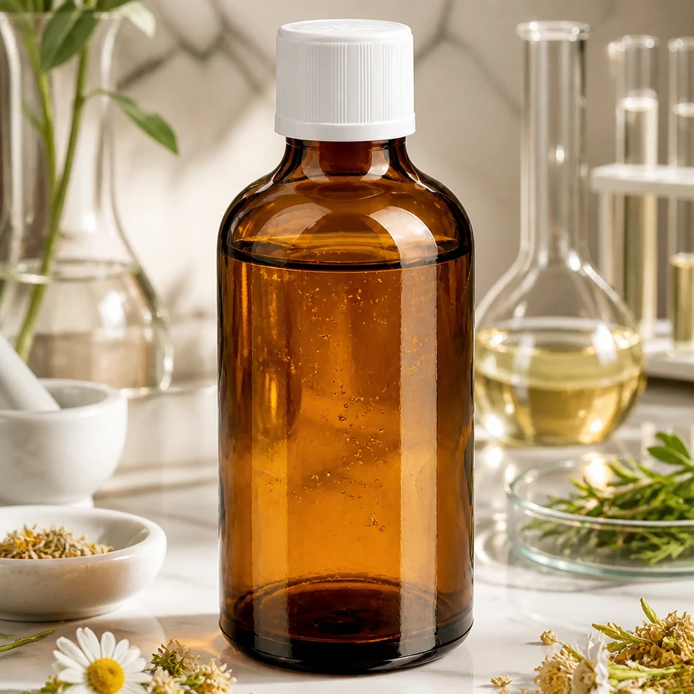 Apothekenflasche braun 50ml Schraubverschluss weiß Kindersicherung Standard Kompakte 50ml Braunglas Flasche mit kindersicherem weißen Verschluss im naturwissenschaftlichen Umfeld