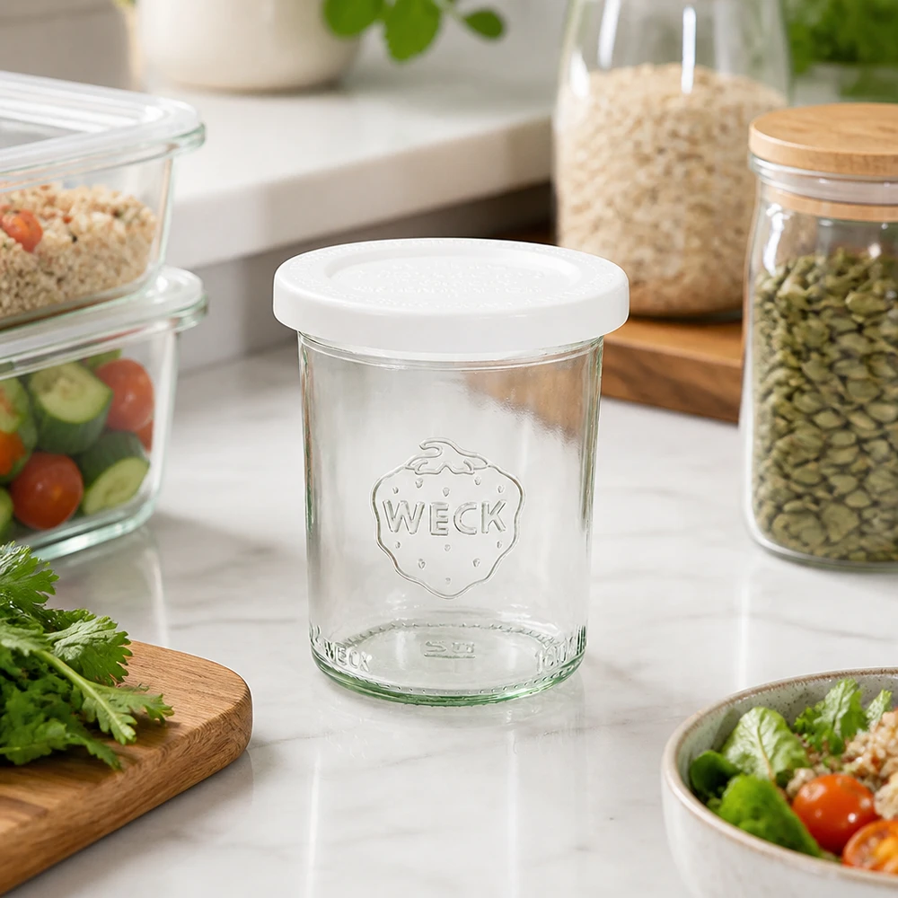 160ml Sturzglas mit Frischedeckel WECK RR60 WECK 160ml Sturzglas RR60 in moderner Küche mit Vorratsgläsern, Salat und frischen Kräutern - vielseitige Aufbewahrung