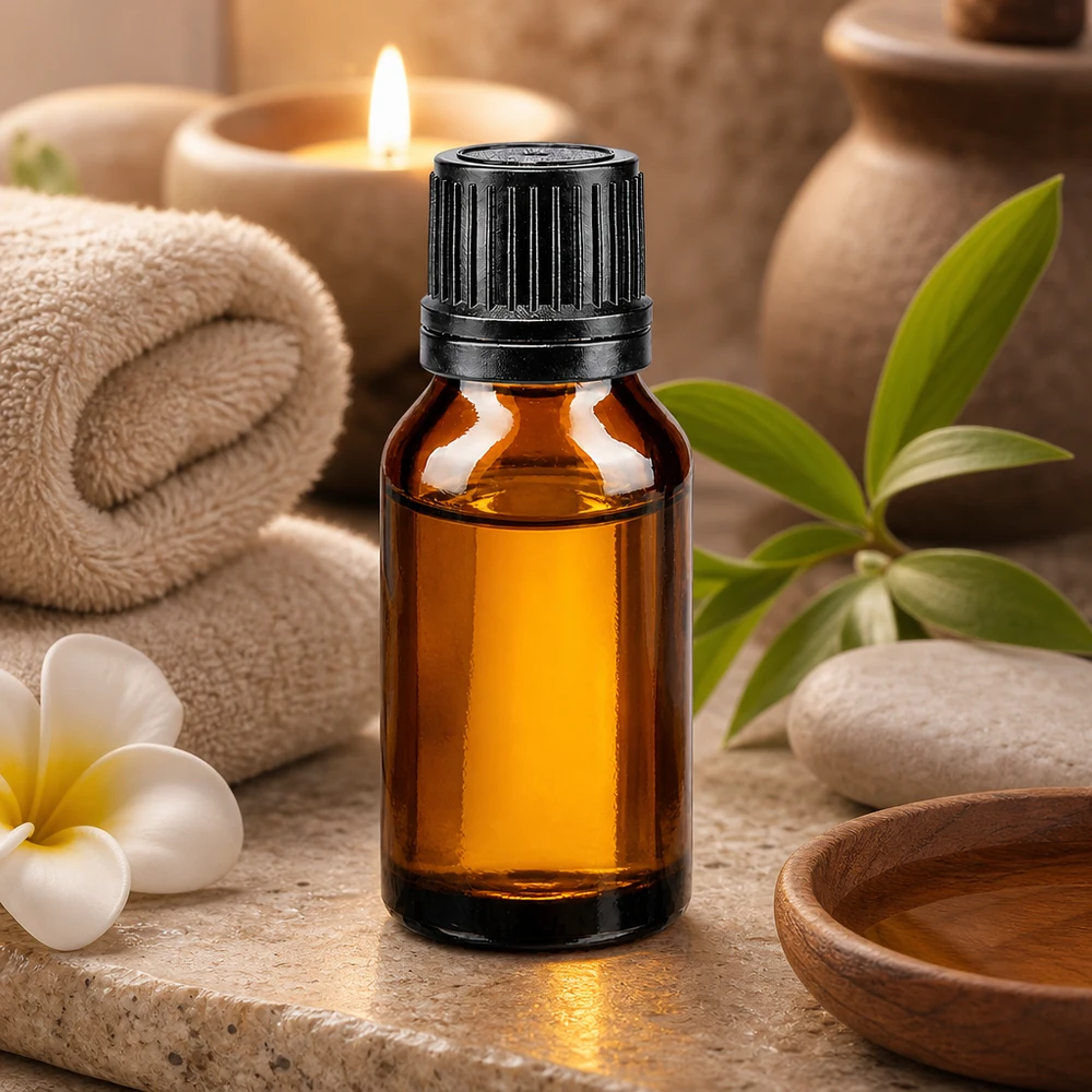15ml Braunglasflasche mit 1mm Tropfverschluss neben Massagesteinen und Holzschale