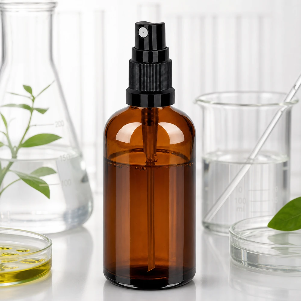 Premium 100ml Glassprühflasche in Bernsteinfarbe mit ergonomischem schwarzem Zerstäuber
