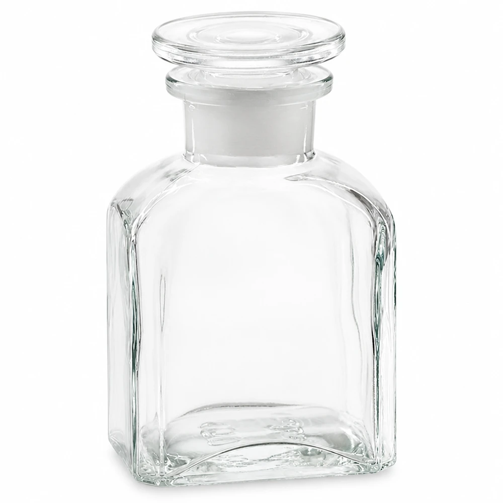 Kleine quadratische Klarglasflasche 150ml Weithals mit flachem Glasstopfen