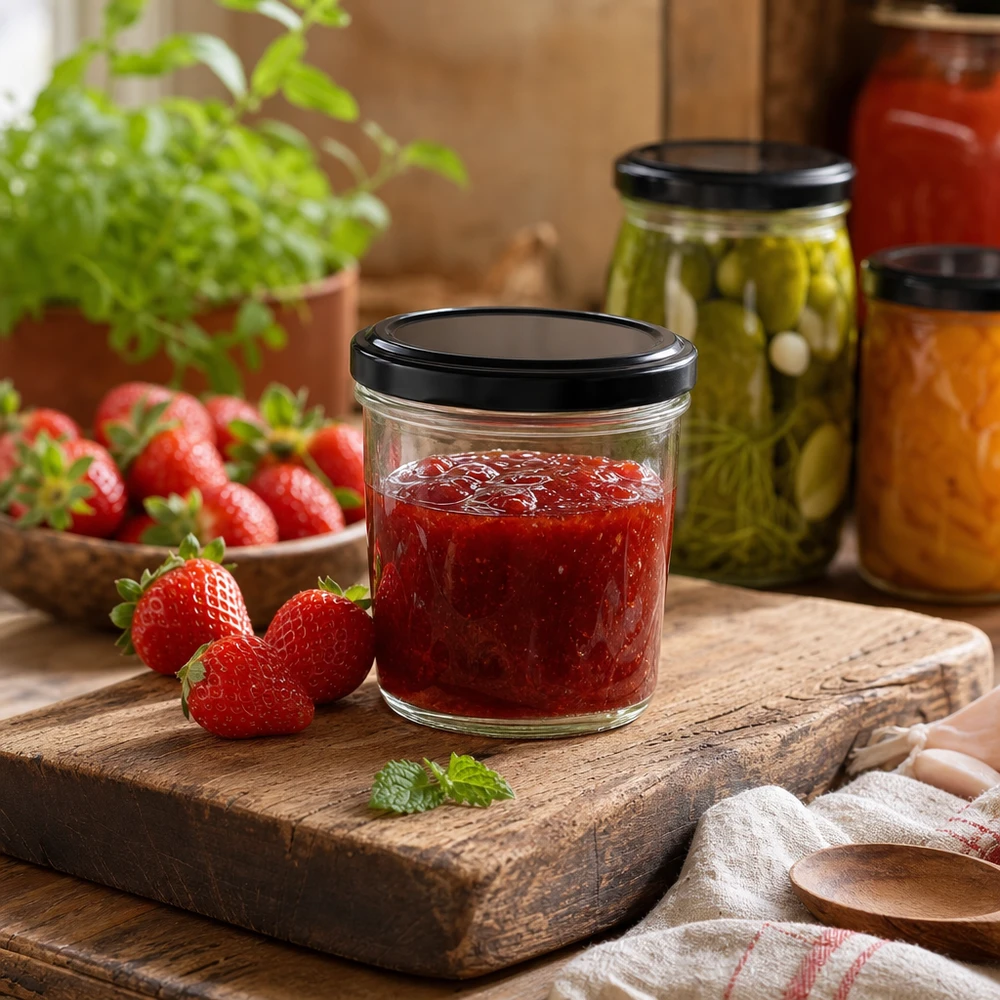 230ml Sturzglas mit Erdbeermarmelade auf Holzbrett zeigt praktische Küchenverwendung des BasicSeal Deckels