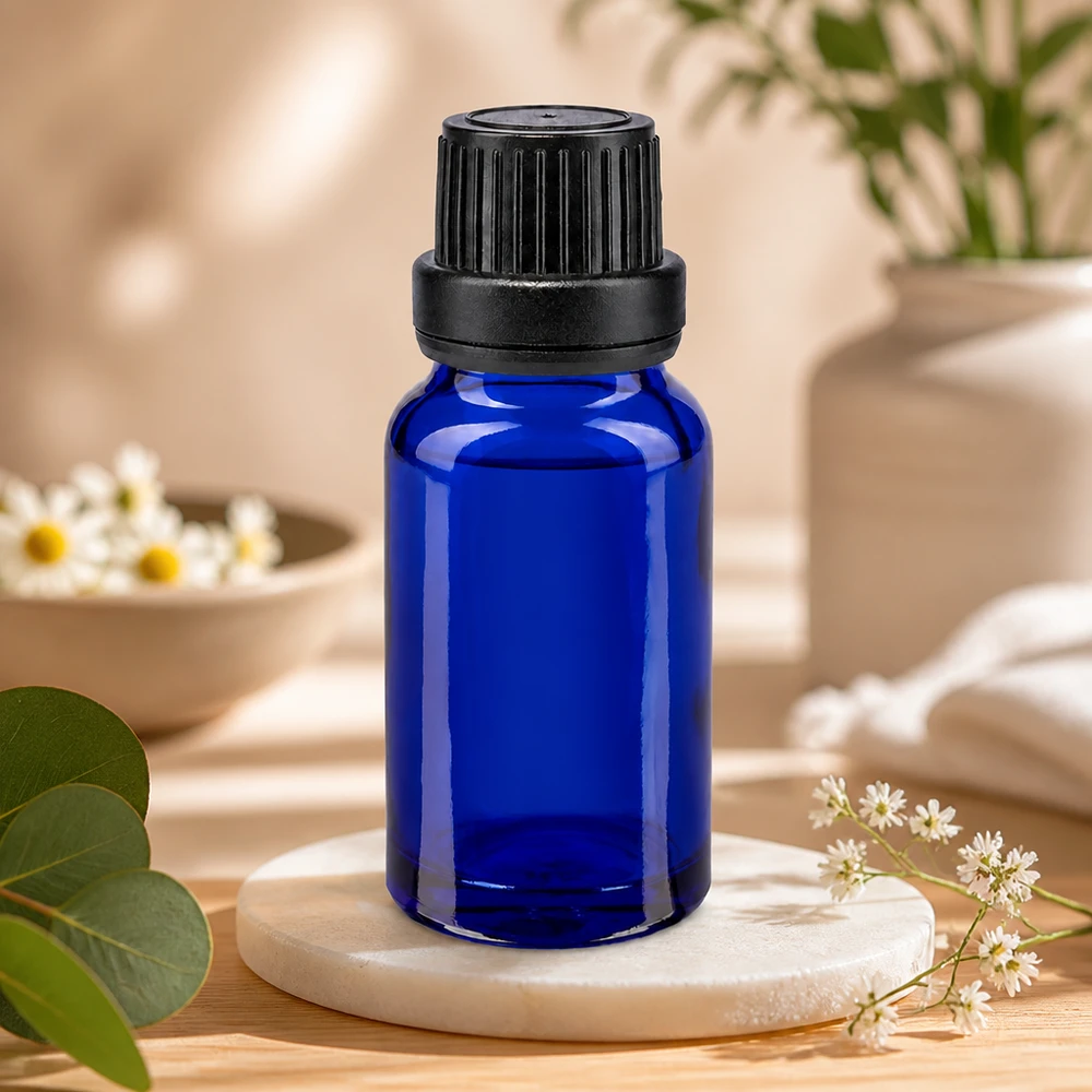 Professionelle Tropfflasche 10ml Blauglas mit geripptem Schraubverschluss und Originalitätssicherung OV