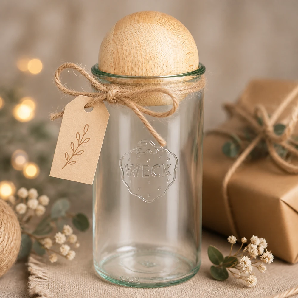 WECK Einmachglas 1590ml RR100 mit Buchenholzkugel als Geschenkidee mit Anhänger in gemütlicher Deko-Atmosphäre