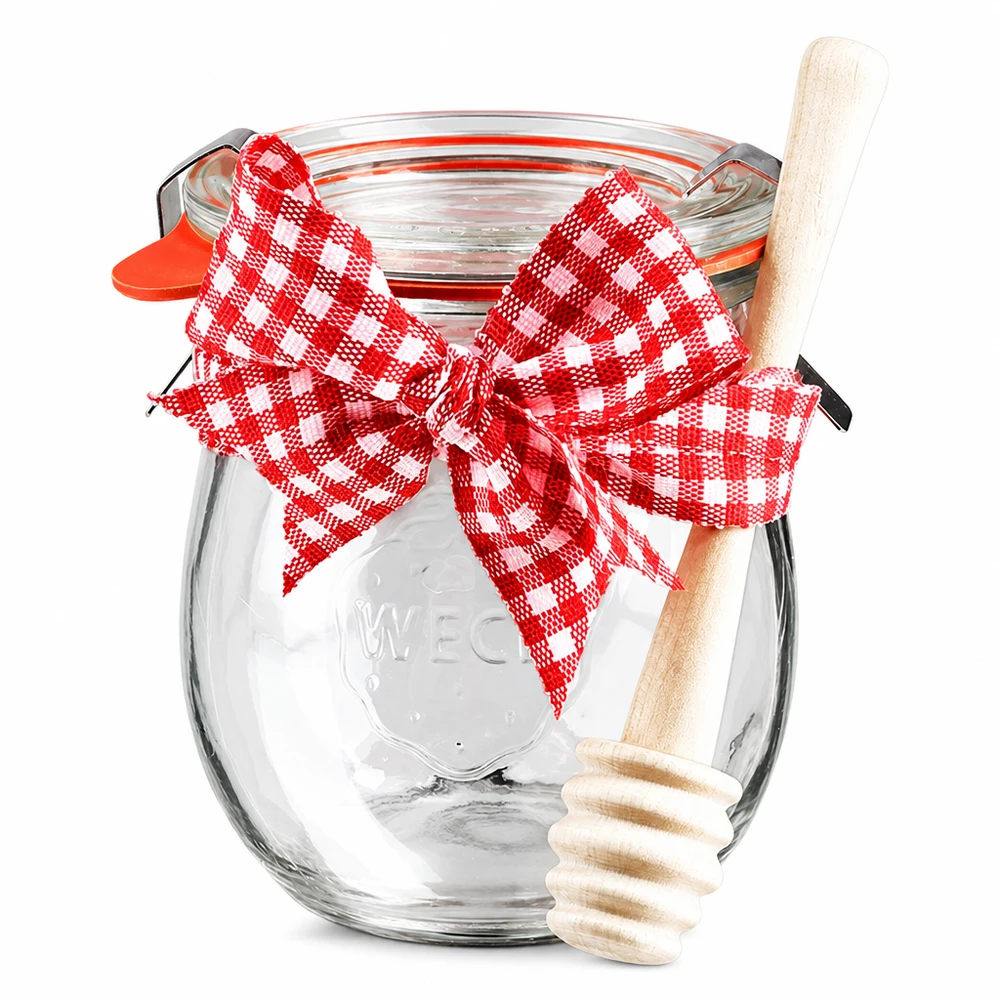 WECK-Mini-Tulpenglas 220ml komplett mit Honiglöffel WECK Mini Tulpenglas 220ml mit Deckel, roter Schleife und Honiglöffel aus Holz, Einmachglas Set komplett
