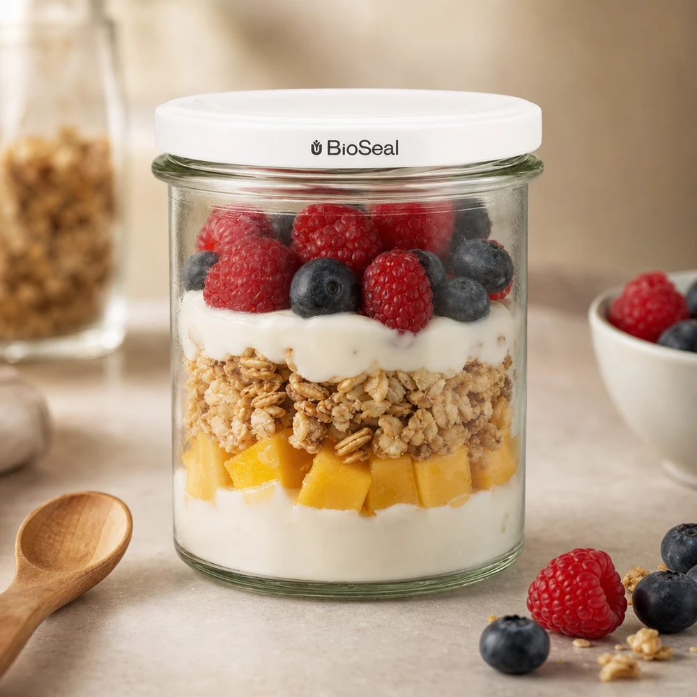 UNiTWIST Sturz350 als stylisches Dessertglas mit Beeren Granola und Joghurt zeigt moderne Küchenästhetik TO82 BioSeal