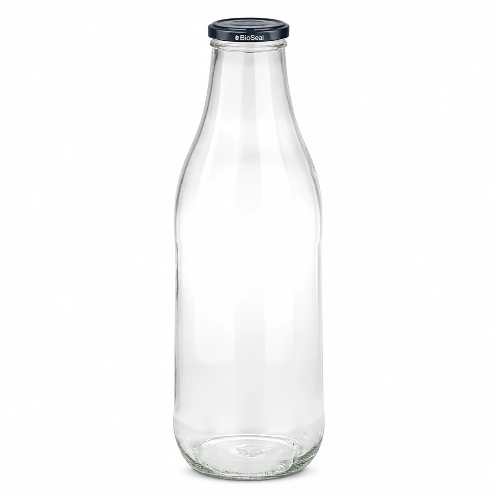 1000ml Glasflasche mit schwarzem BioSeal Deckel leer transparent Milchflasche Saftflasche nachhaltig