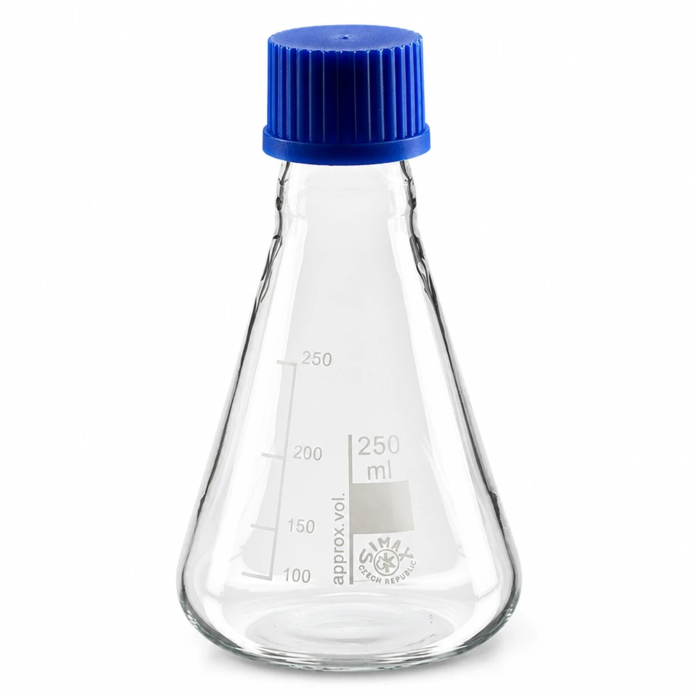 Glaskolben 250ml in konischer Form mit blauem Kunststoffverschluss für das Labor
