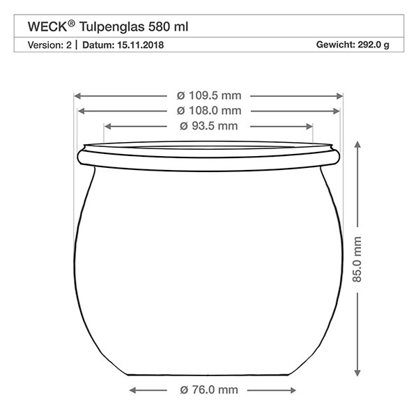 580ml Tulpenglas mit Glasdeckel WECK RR100 Technische Zeichnung WECK Tulpenglas 580ml RR100 mit Maßangaben und Abmessungen für Holzkugel-Deckel
