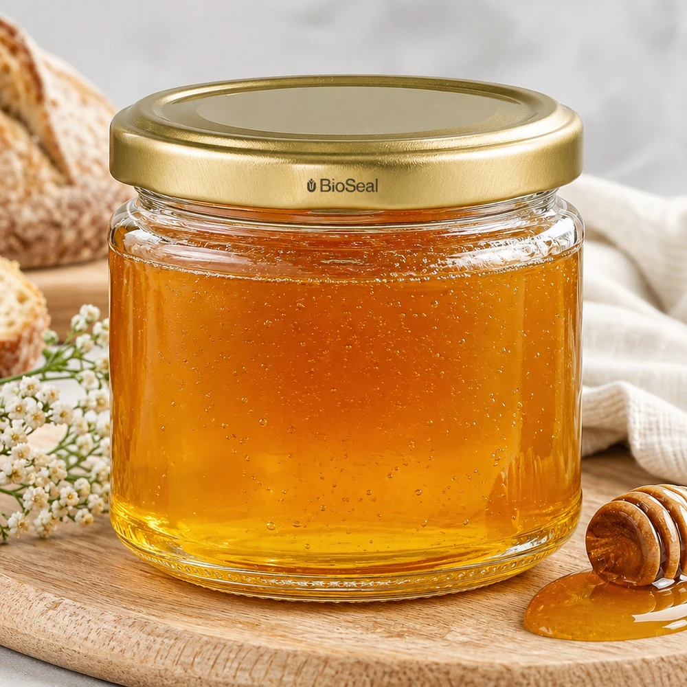 330ml Rundglas + BioSeal Deckel gold UNiTWIST UniTWIST Runda330 Honigglas gefüllt mit goldenem Honig und BioSeal Verschluss für Imkerei und Lebensmittel
