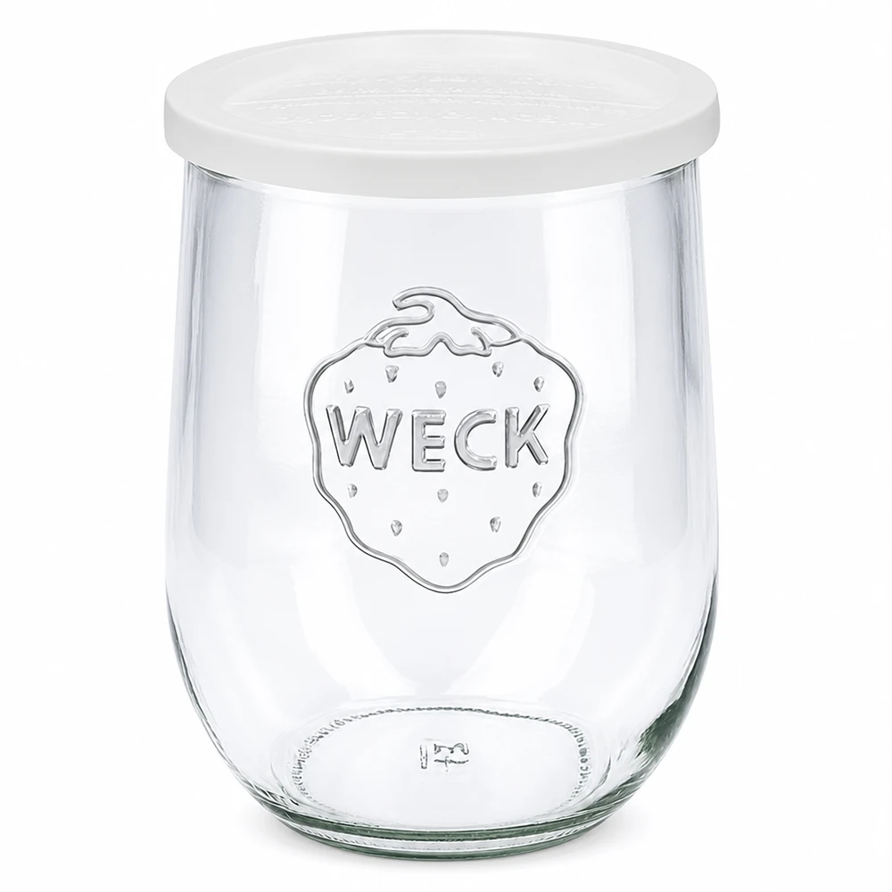 1062ml Tulpenglas mit Frischedeckel WECK RR100 WECK Tulpenglas 1062ml mit weißem Frischedeckel RR100 Einmachglas mit Logo transparent