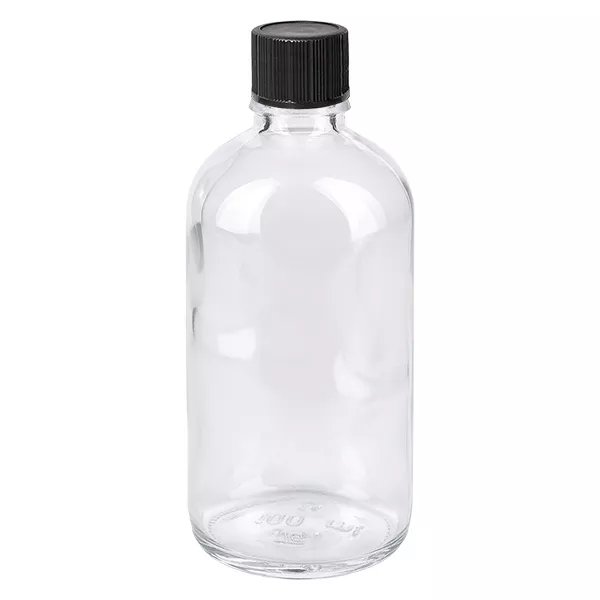 Klarglas Tropfflasche 100ml mit 1mm Tropföffnung und schwarzem Schraubdeckel UT18