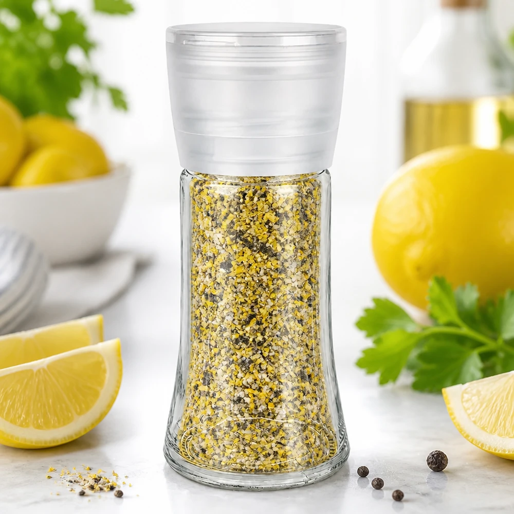 Salz-/Gewürzglas 95ml mit Mühle Vario weiss Bauchige Glasgewürzmühle 95ml Vario mit aromatischer Zitronenpfeffer-Salzmischung befüllt