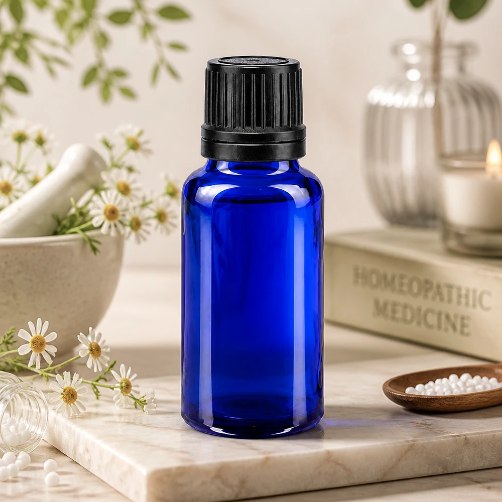 Apothekenflasche blau 20ml Tropfverschluss weiß 0.8mm Standard Rundschulter-Tropfflasche 20ml kobaltblau ApoGlas mit kindersicherem schwarzen Originalitätsverschluss