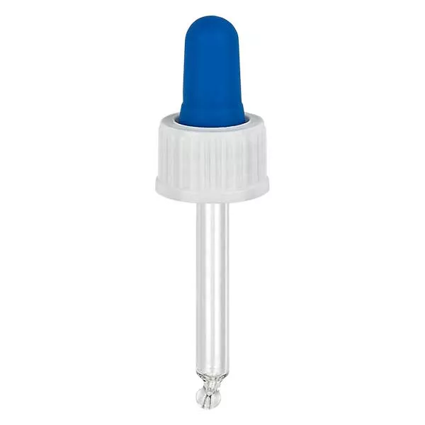 Glas-Tropfpipette weiß/blau 18mm PL44 Standard Glas-Tropfpipette weiß/blau 18mm PL44 Standard
