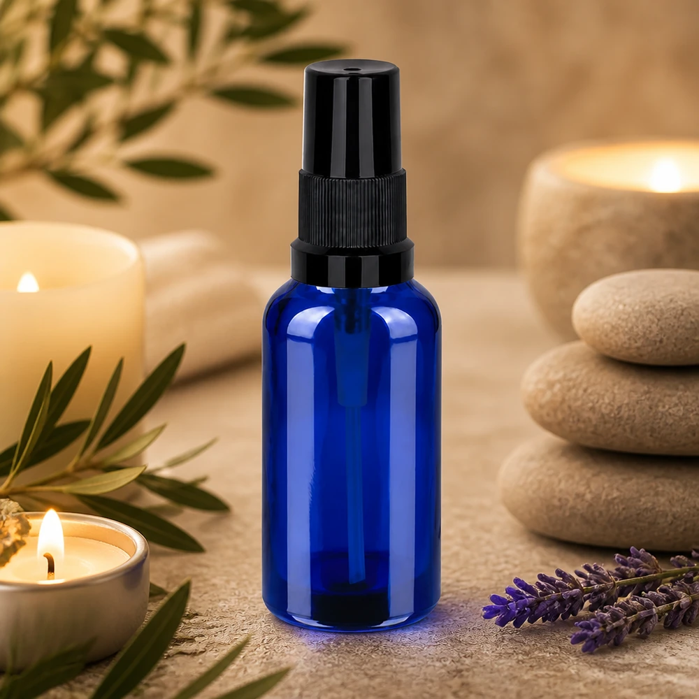 Vielseitige 30ml blaue Glasflasche mit praktischem Sprühaufsatz für verschiedene Flüssigkeiten
