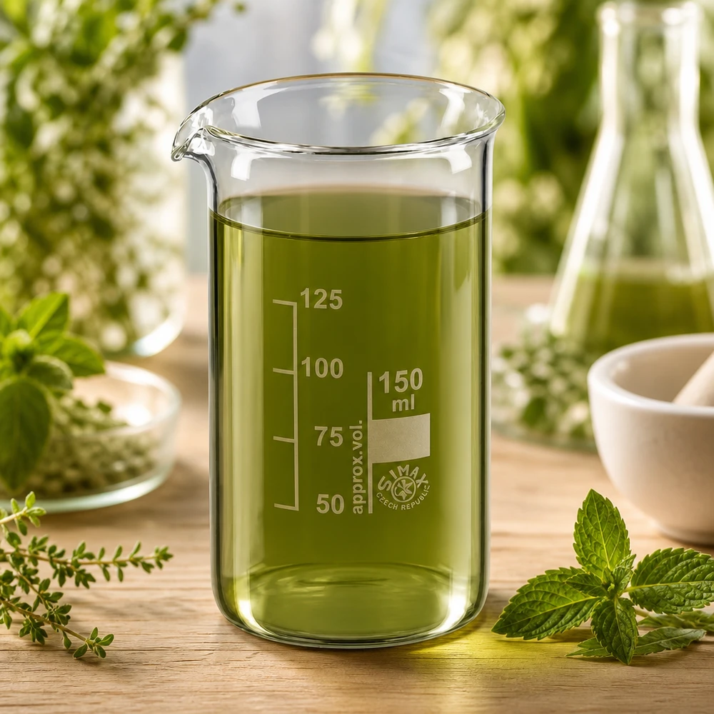 Becherglas 150ml Borosilikatglas, hohe Form Hitzebeständiges Becherglas 150ml hohe Form mit grüner Tinktur für botanische Laboranwendungen