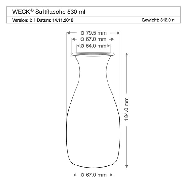 24er Set Weck Gläser 530ml Saftflasche Technische Zeichnung der WECK Saftflasche 530ml mit Maßangaben Durchmesser 67mm Höhe 184mm Gewicht 312g