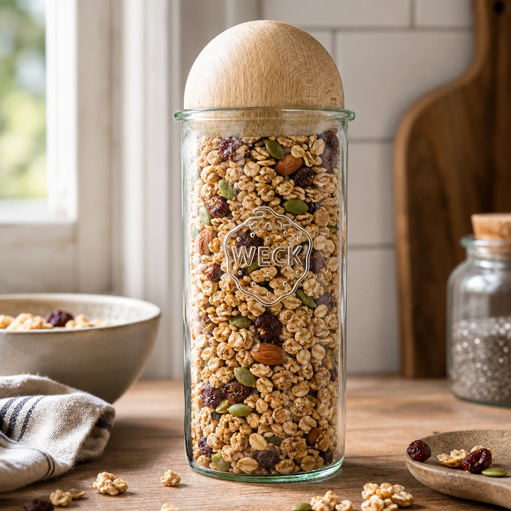 1500ml Sturzglas WECK RR100 mit Holzkugel Buche WECK Vorratsglas 1500ml mit Müsli und Nüssen gefüllt, Holzkugel-Deckel aus Buche, Küchenambiente mit Schale