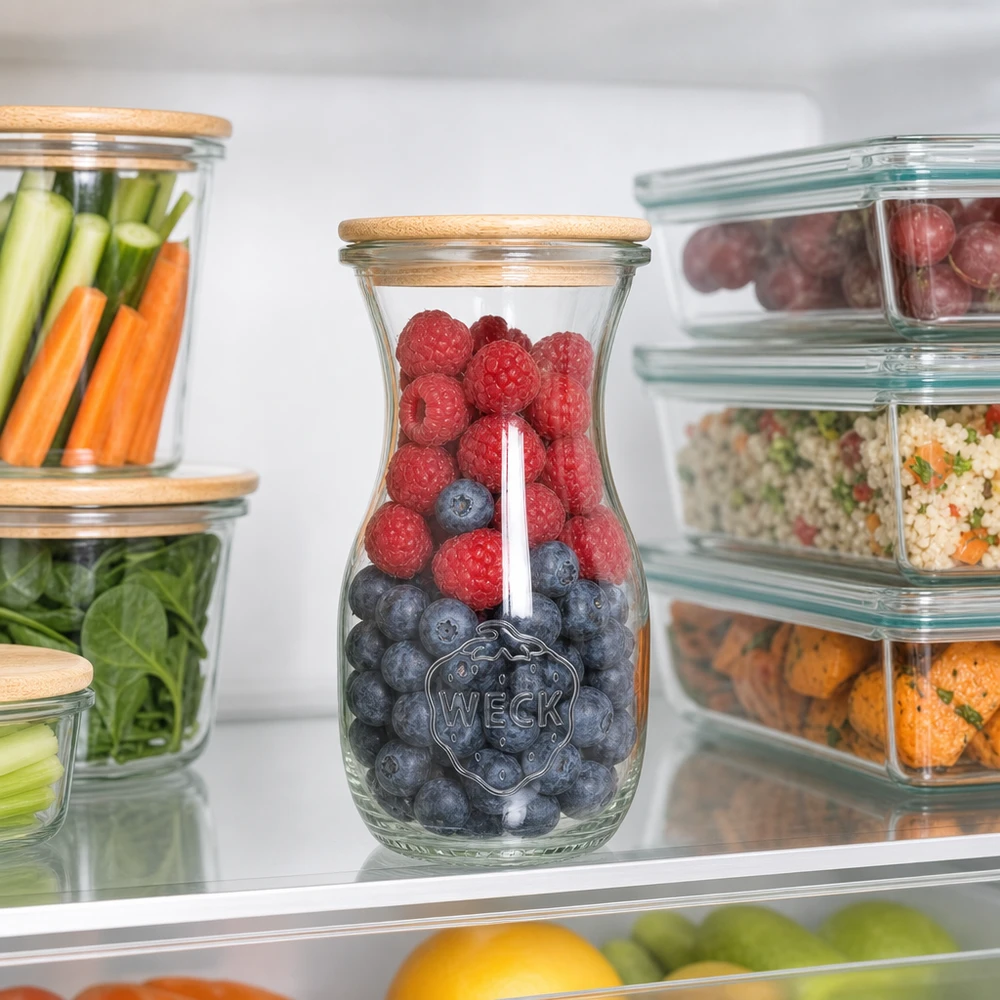 WECK Saftflasche 290ml mit Holzdeckel im Kühlschrank zwischen Meal-Prep-Behältern mit Beeren und Gemüse