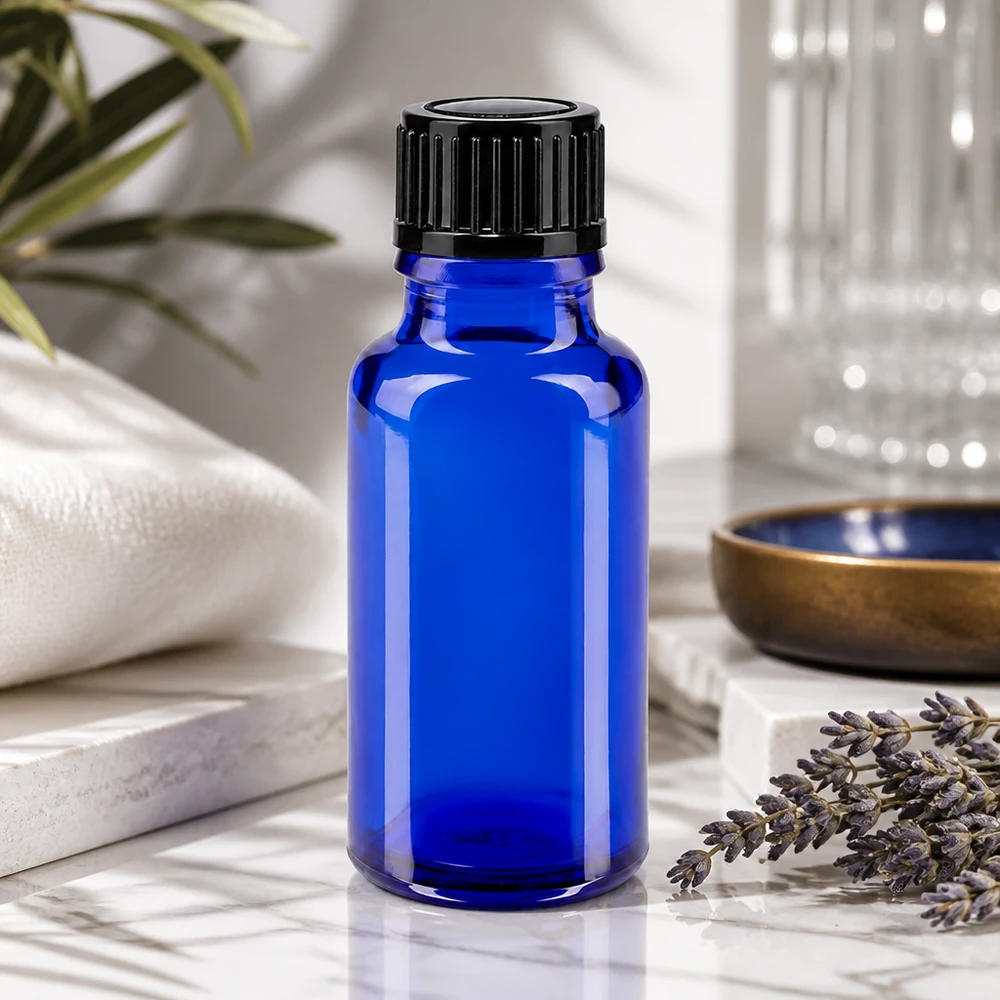 Apothekenflasche blau 20ml Schraubverschluss schwarz Standard Apothekerflasche aus blauem UV-Schutzglas 20ml mit 11mm Standardverschluss in Schwarz