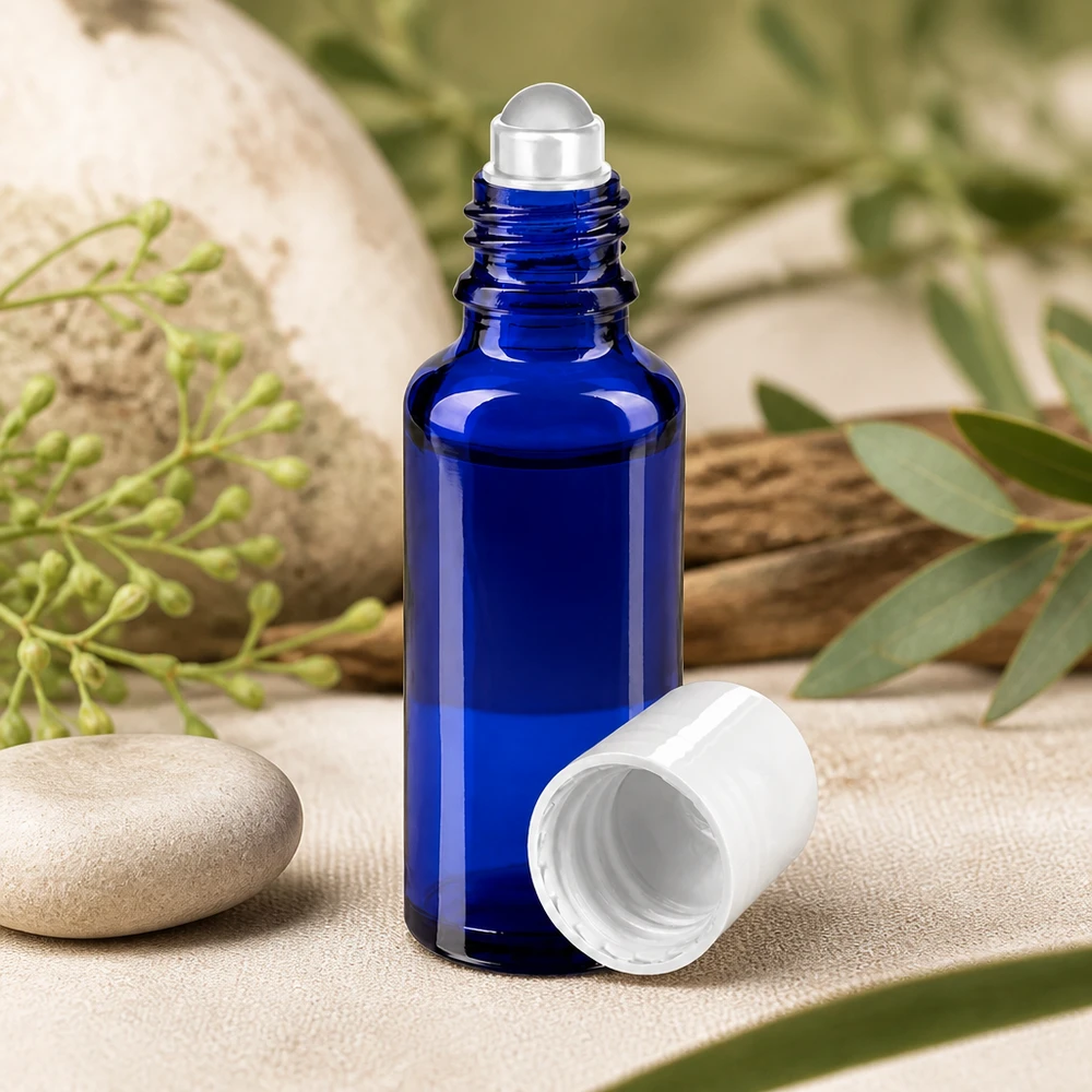 Apothekenflasche blau 30ml Roll-On Verschluss weiß Kleine blaue Glasflasche 30ml mit Metallrollkugel für Aromatherapie und Körperpflege