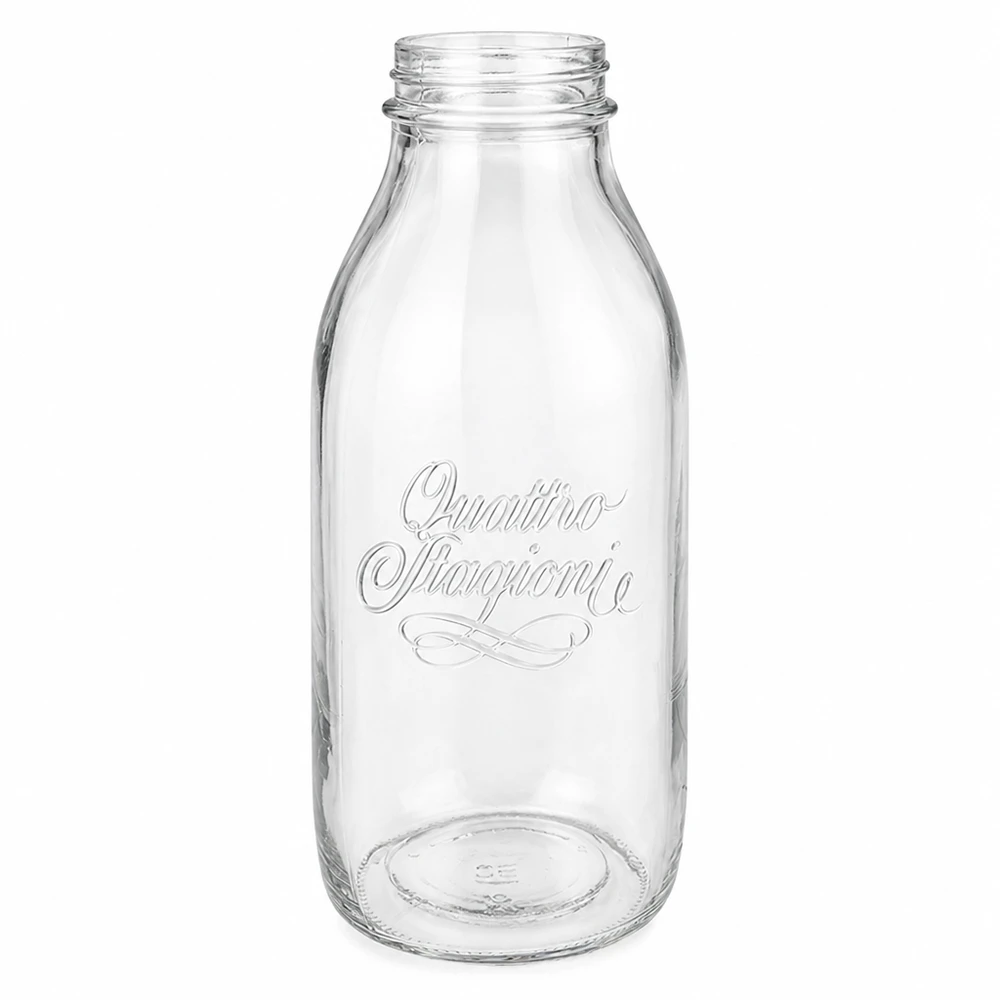 Bormioli Rocco Quattro Stagioni 1000ml Weithalsflasche aus Glas mit geprägtem Logo transparent leer