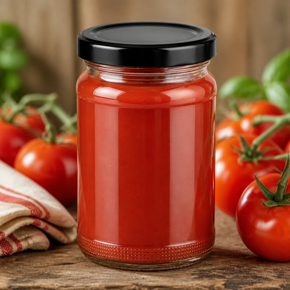110ml Rundglas 6er-Set mit Deckel (Deckelfarbe: schwarz) UNiTWIST Transparentes Rundglas 110ml schwarzer Deckel befüllt mit frischer Tomatensoße UNiTWIST Set