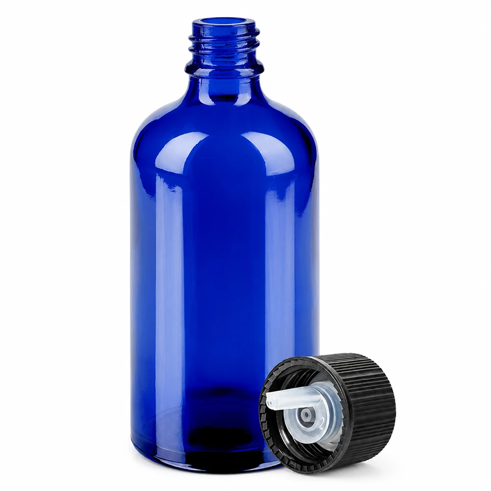 Professionelle 100ml Tropfflasche in Blau mit schwarzem Verschluss für exakte Tropfenabgabe
