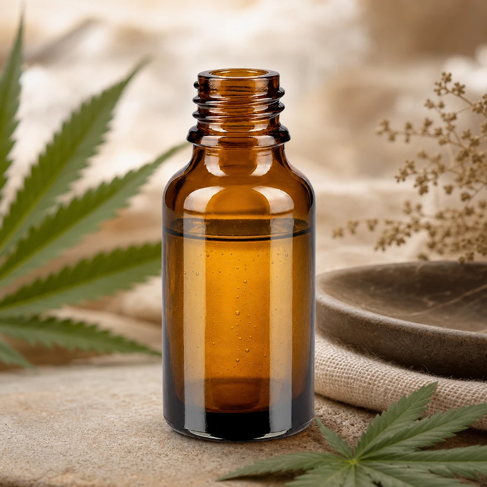 30ml braune Apothekerflasche ApoGlas mit goldener Flüssigkeit neben Cannabis-Blättern und getrockneten Kräutern