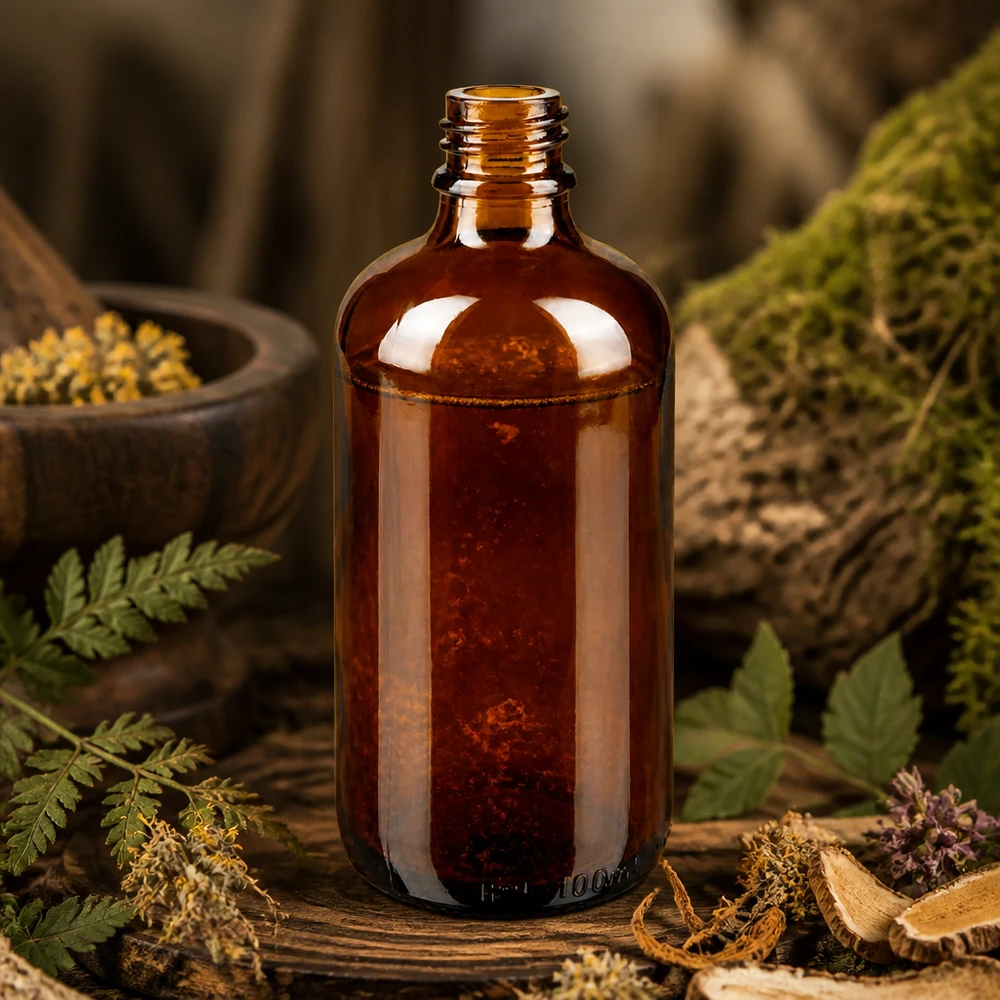 Tropfflasche 100 ml DIN 18 aus Braunglas 100ml braune Apothekenflasche ApoGlas mit Farn, Pilzen und Kräutern in natürlicher Waldapotheke Umgebung
