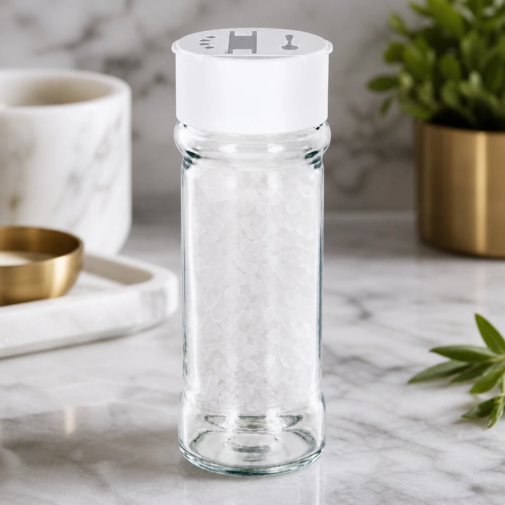 Salz-/Gewürzglas 100ml mit Doppelstreuer weiss Zylindrisches Vorratsglas 100ml mit weißem Doppelstreuer befüllt mit weißen Salzkörnern