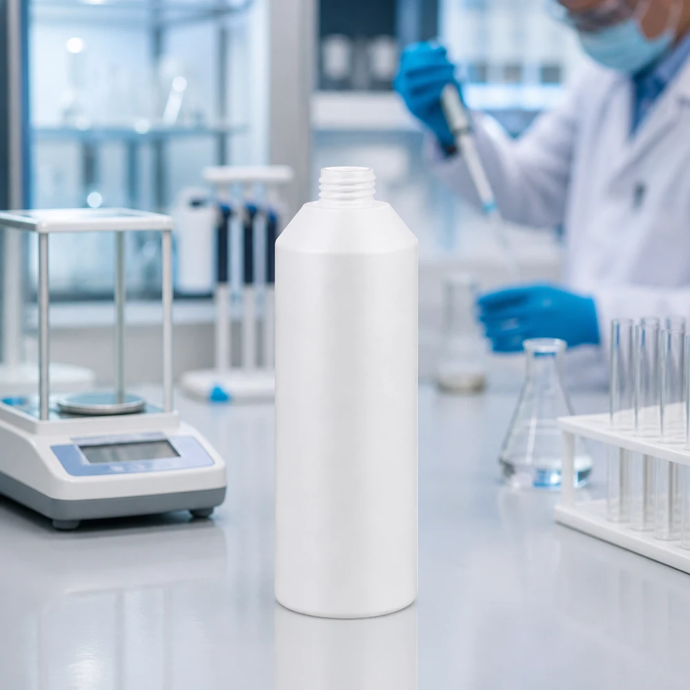 Robuste HDPE Laborflasche 250ml weiß ohne Verschluss neben Erlenmeyerkolben und Pipette