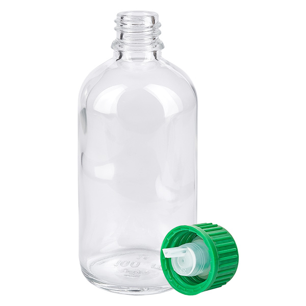 100ml Tropfflasche 0.8mm grün Standardverschluss ClearLine UT18/100 ClearLine UT18 Tropfflasche 100ml aus klarem Glas mit grünem geripptem Schraubdeckel