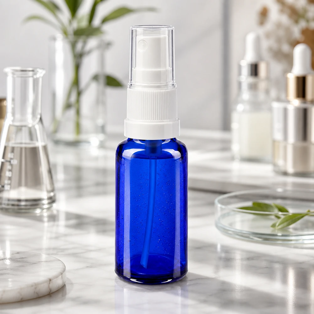 Apothekenflasche blau 20ml Sprayaufsatz weiß Blauer UV-Schutz Glasbehälter 20ml mit transparenter Kappe für empfindliche Wirkstoffe