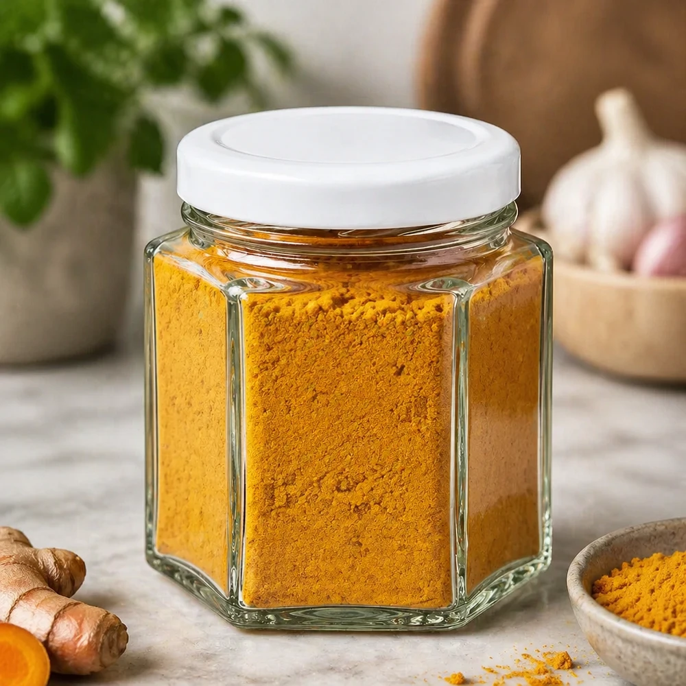 47ml Hexagon Glasgefäß mit weißem Deckel gefüllt mit Kurkuma Pulver in natürlicher Küchenumgebung mit Ingwer