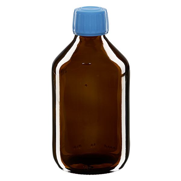 250ml Medizinflasche braun, Verschluss blau mit Originalitätsring ApoGlas 250ml Medizinflasche braun, Verschluss blau mit Originalitätsring ApoGlas