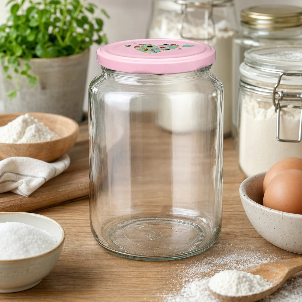 Leeres Rundglas 795ml mit rosa BasicSeal Deckel in Küchenszenerie zwischen Backzutaten Mehl und Eiern auf Holzbrett