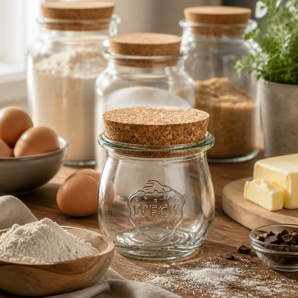 75ml Tulpenglas WECK RR40 mit Korken natur WECK Tulpenglas 75ml RR40 mit Korkverschluss in rustikaler Küchenszene mit Eiern Mehl Butter und Backzutaten
