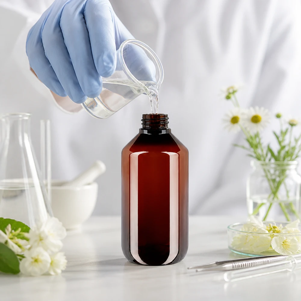 Runde PET Enghalsflasche 200ml bernsteinfarben mit weißem Sicherheitsverschluss