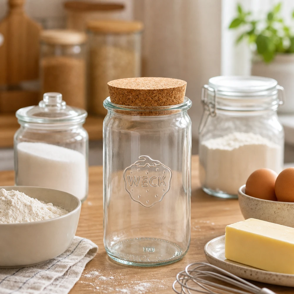 WECK Einmachglas 340ml RR60 mit Korken zwischen Backzutaten Mehl Butter Eiern als praktisches Küchen Vorratsglas