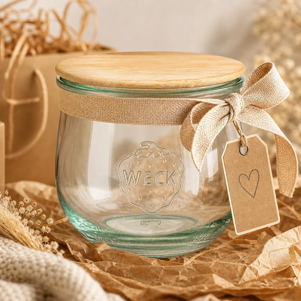 WECK RR80 370ml Tulpenglas als Geschenkverpackung mit Juteschleife und Anhänger auf natürlichen Dekormaterialien