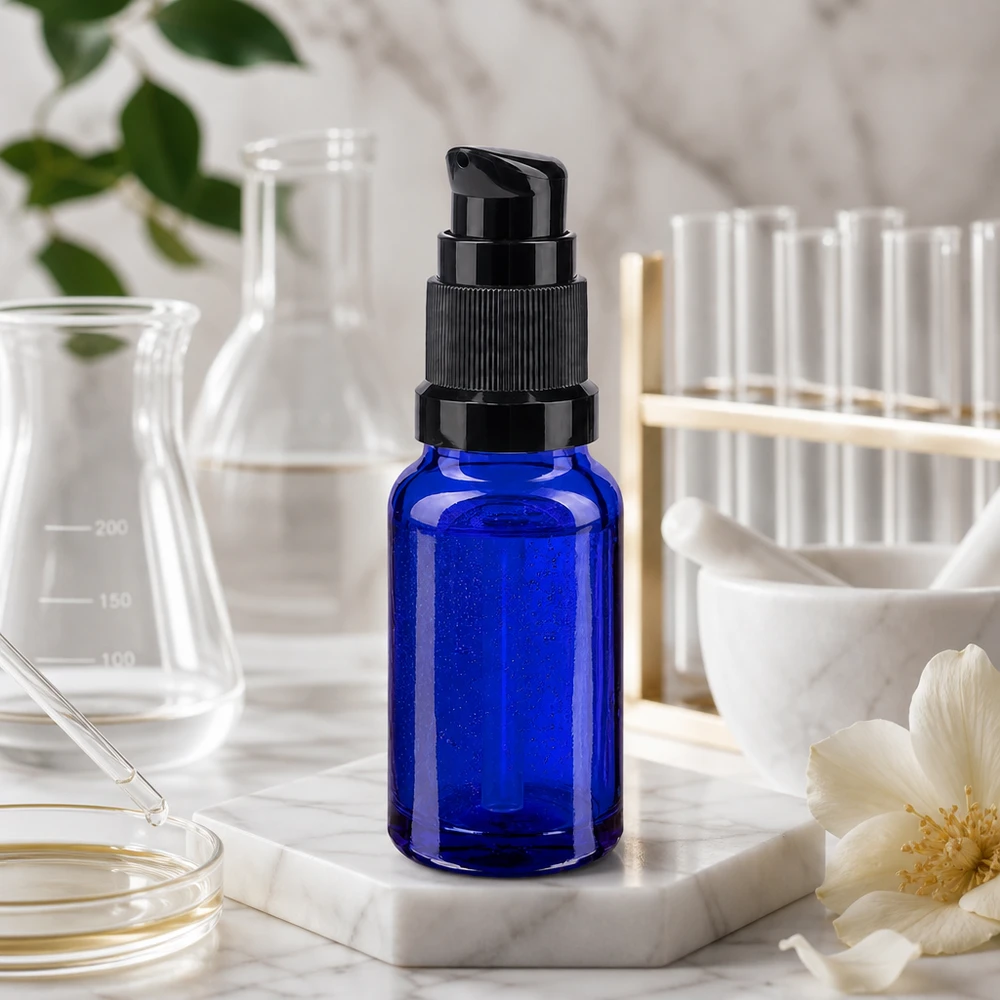 Apothekenflasche blau 10ml PumpVerschluss schwarz Standard 10ml Blauglas Pumpflasche STD schwarz für präzise Dosierung von Kosmetikprodukten