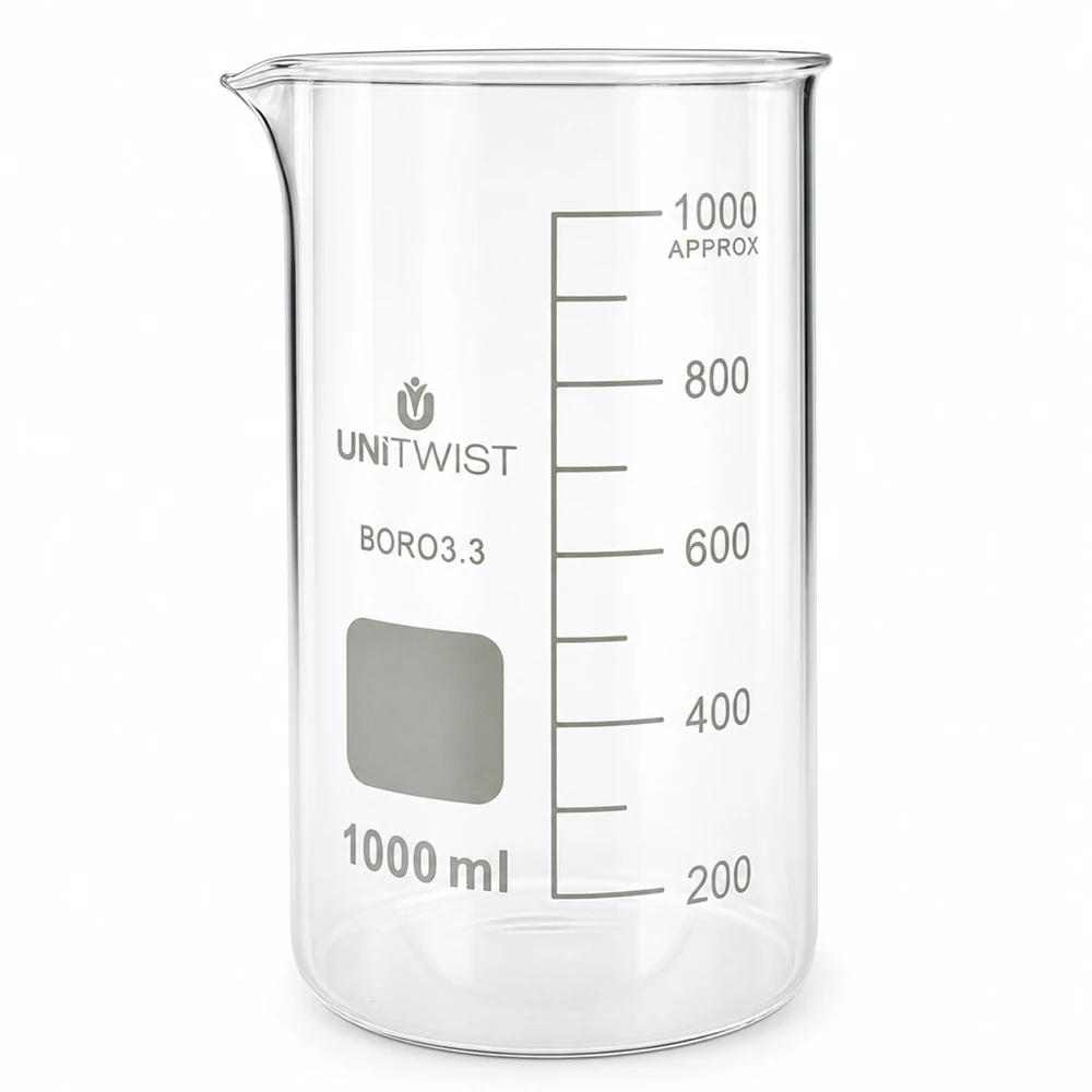 Klares hitzebestaendiges Becherglas 1000ml hohe Form mit Schreibfeld und Messskala UNITWIST