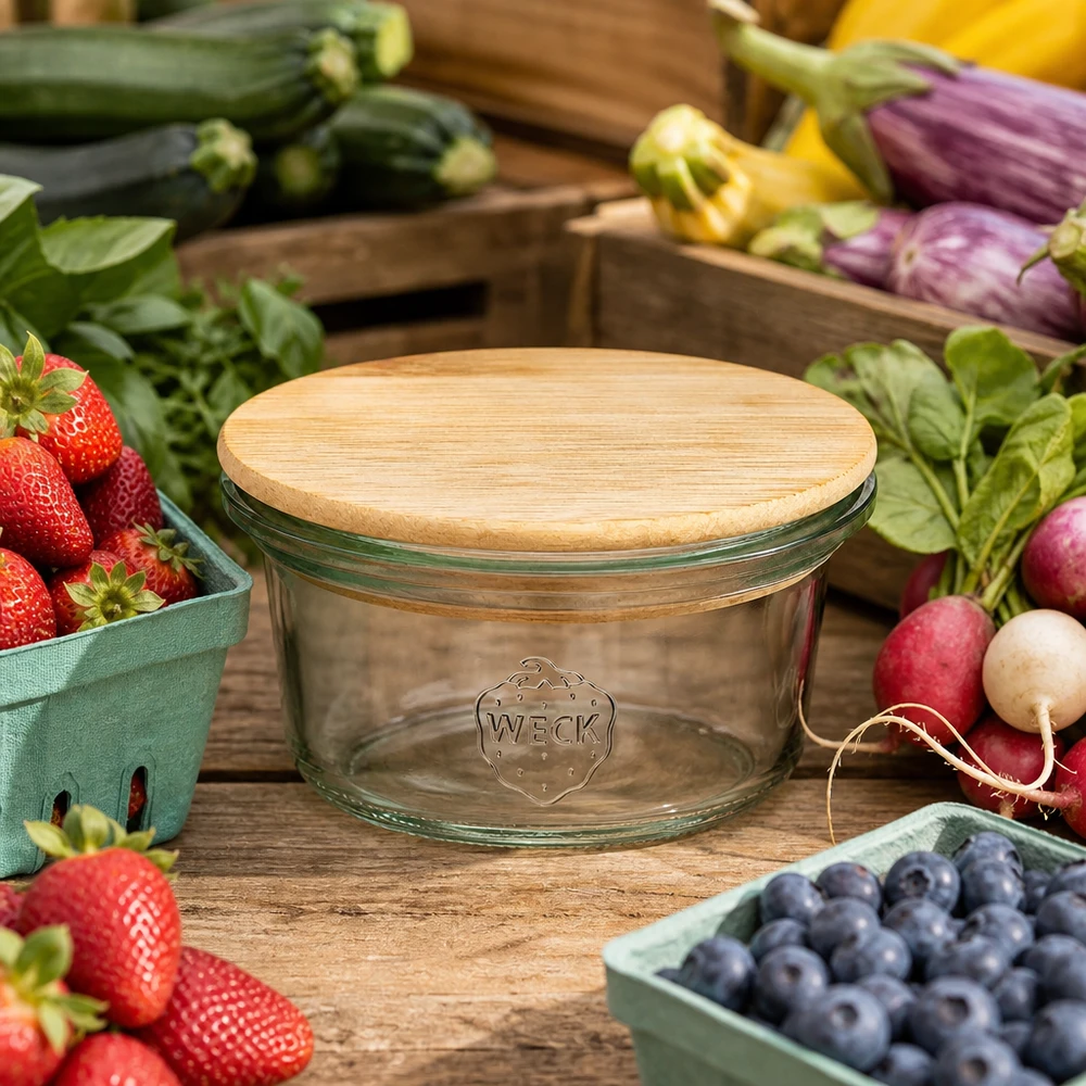 50ml Mini Sturzglas WECK RR60 mit Holzdeckel WECK Mini Sturzglas 50ml mit Bambusdeckel umgeben von frischem Obst und Gemüse auf Holztisch im Farmhouse-Stil