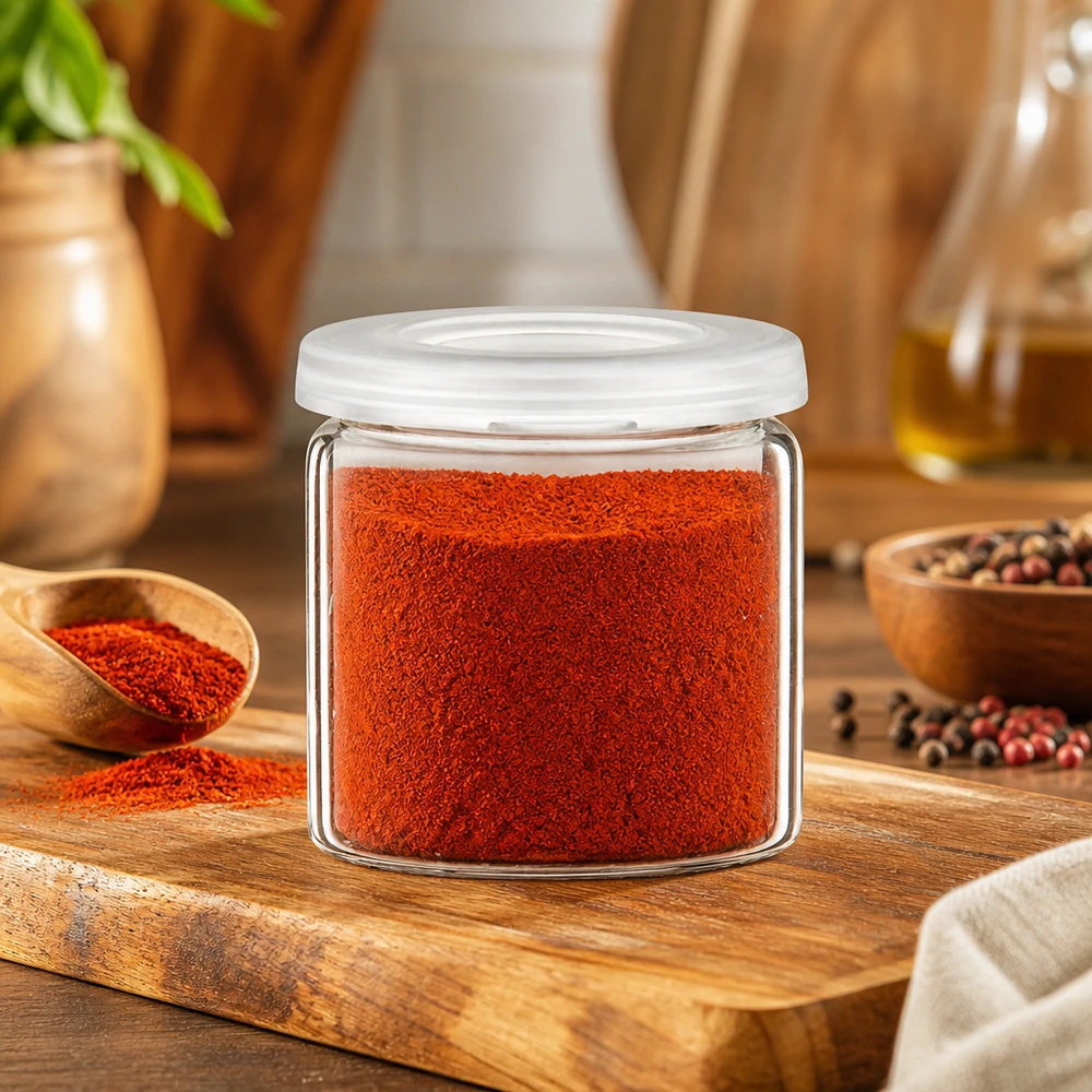 Gewürzglas Idee: 5ml Tablettenglas (Rollrandglas) Klarglas Klarglas Vorratsglas mit rotem Paprika gefüllt zeigt maximale Füllmenge und Glasform
