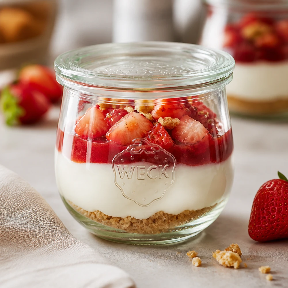 WECK Tulpenglas 370ml RR80 mit geschichtetem Erdbeer-Dessert und Keksboden als Nachspeise im Glas serviert