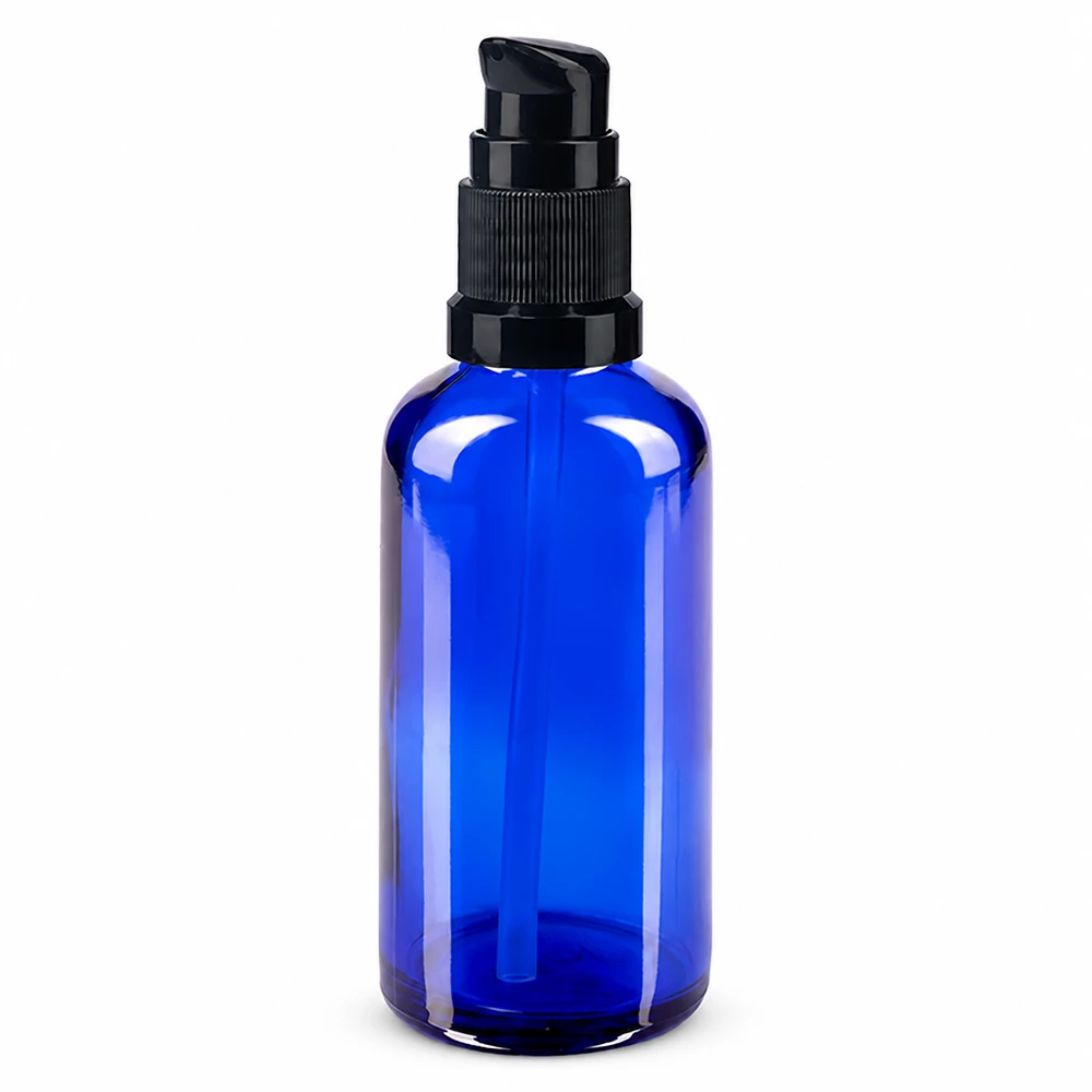 Apothekenflasche blau 50ml PumpVerschluss schwarz Standard Hochwertige 50ml Pumpflasche aus blauem UV-Schutzglas mit schwarzem Aufsatz